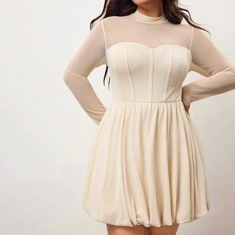 Shein Genuine Autumn Women's Plus-Size Solid Color Round Neck Long-Sleeve Mesh Patchwork Herringbone Pattern Fashion Dress