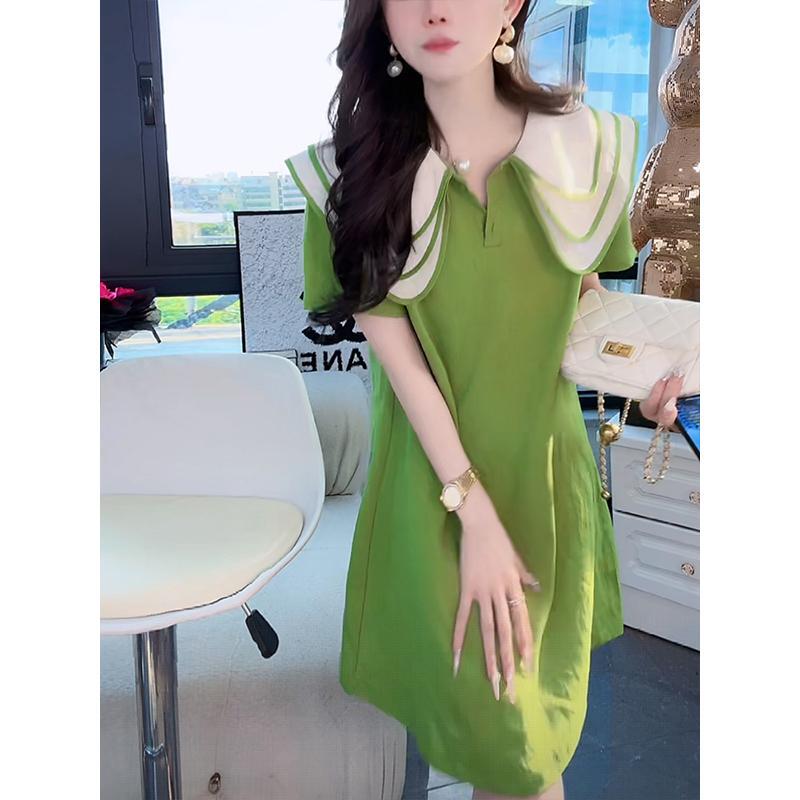 Fashionable Lapel Green Dress 2025 Summer New Style Small Temperament Slim Waist Slimming Age Reduction Skirt