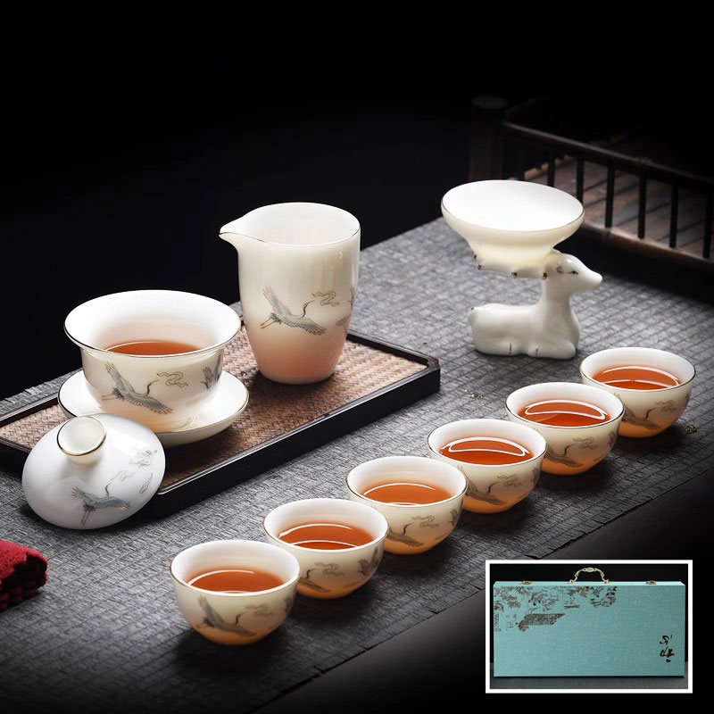 Seal of Seal Handmade Chinese Goat Grease Jade Tea Set Suit Home Office Desolation White Porcelain Three cover Bowl Tea Cup Anti-Burn-Taobao