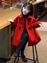 Girls Red Woolen Coat 2024 Autumn and Winter Childrens Mid-Length Thickened New Year Spring and Autumn Western Style Skirt-style Woolen Coat