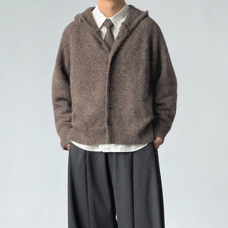 Bromad'Cat's Eye Button' Relaxed Hooded Sweater Wool Blend Vintage Lazy Style Knitted Cardigan Bromad'Cat's Eye Button' Relaxed Hooded Sweater Wool Blend Vintage Lazy Style Knitted Cardigan