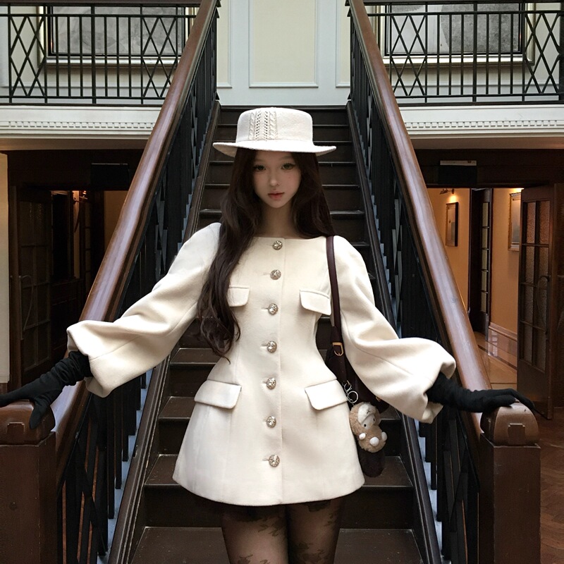 Paris Original Diamond Buckle Woolen Hourglass Waist-Cinching Silhouette Mid-Length Coat