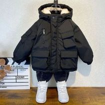 New Winter Down Cotton Jacket Boys Black Hooded Coat Childre