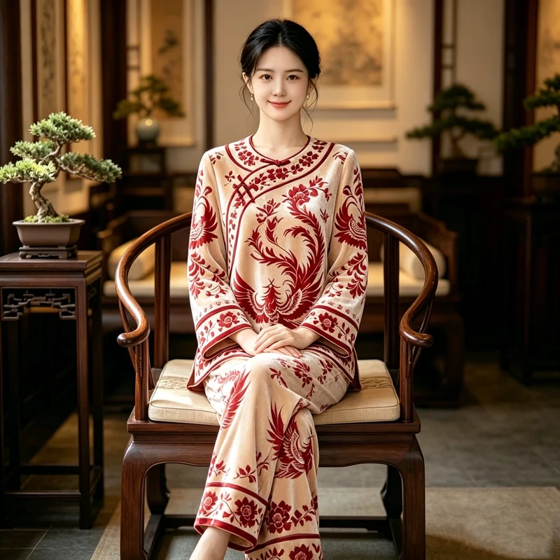 Xiandai Rou 2026 Popular Pajamas for Women, Autumn and Winter Gold Velvet Plus Size New Chinese Style Women's Loungewear