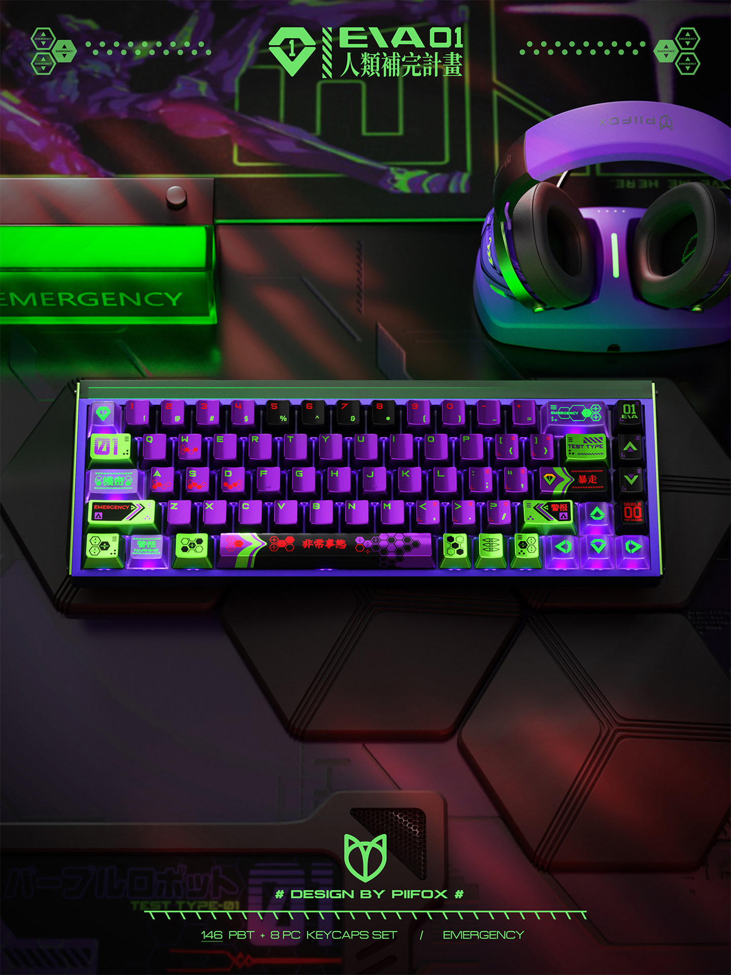 PIIFOX Unit-01 keycap set styled on desk