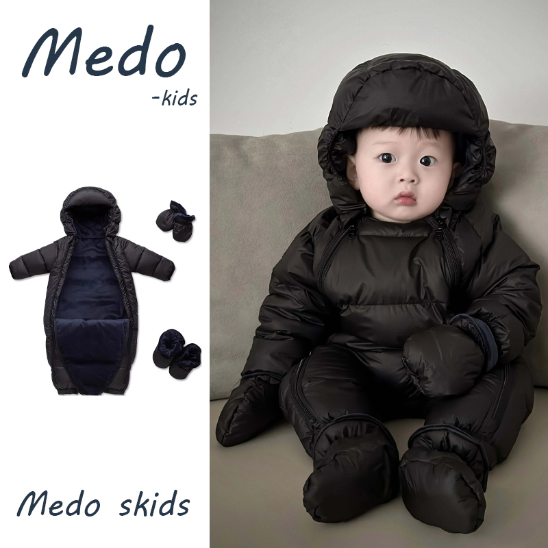 Infant and Toddler Winter down Outerwear for Boys, Thickened Hooded Warm Romper, Newborn Solid Color down Crawling Suit