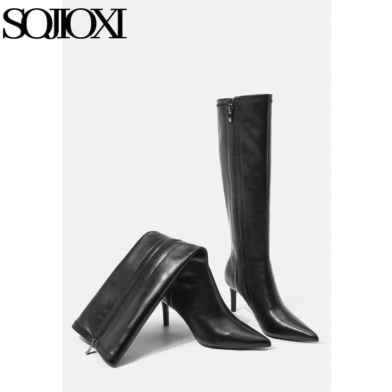 Sojioxi Pointed Toe Stiletto Black Long Boots with Belt Buckle and Rivets, Slimming High-Heeled Fashion Boots for Women, 2026 New Style Sojioxi Pointed Toe Stiletto Black Long Boots with Belt Buckle and Rivets, Slimming High-Heeled Fashion Boots for Women, 2026 New Style