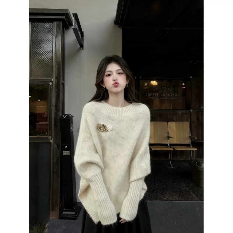 Lazy Style High-End Slimming Batwing Sleeve Sweater for Women, Autumn and Winter Korean Style Loose and Gentle Knit Top Lazy Style High-End Slimming Batwing Sleeve Sweater for Women, Autumn and Winter Korean Style Loose and Gentle Knit Top