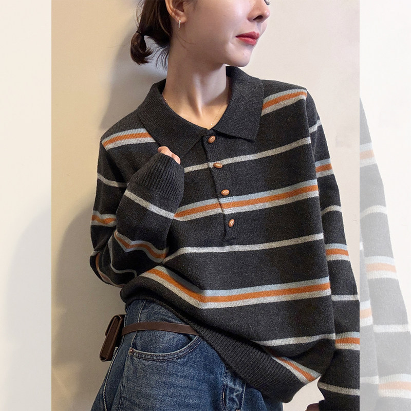 Retro Striped Style Lapel Four-Button Pullover Versatile Sweater for Women, Color-Blocking Casual Lazy Style Knit Top, Autumn Style Retro Striped Style Lapel Four-Button Pullover Versatile Sweater for Women, Color-Blocking Casual Lazy Style Knit Top, Autumn Style