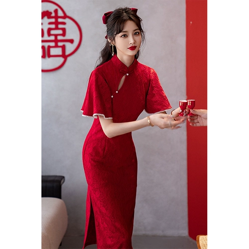 Ципао, красное цветное вечернее платье, свадебное платье, китайский стиль, изысканный стиль