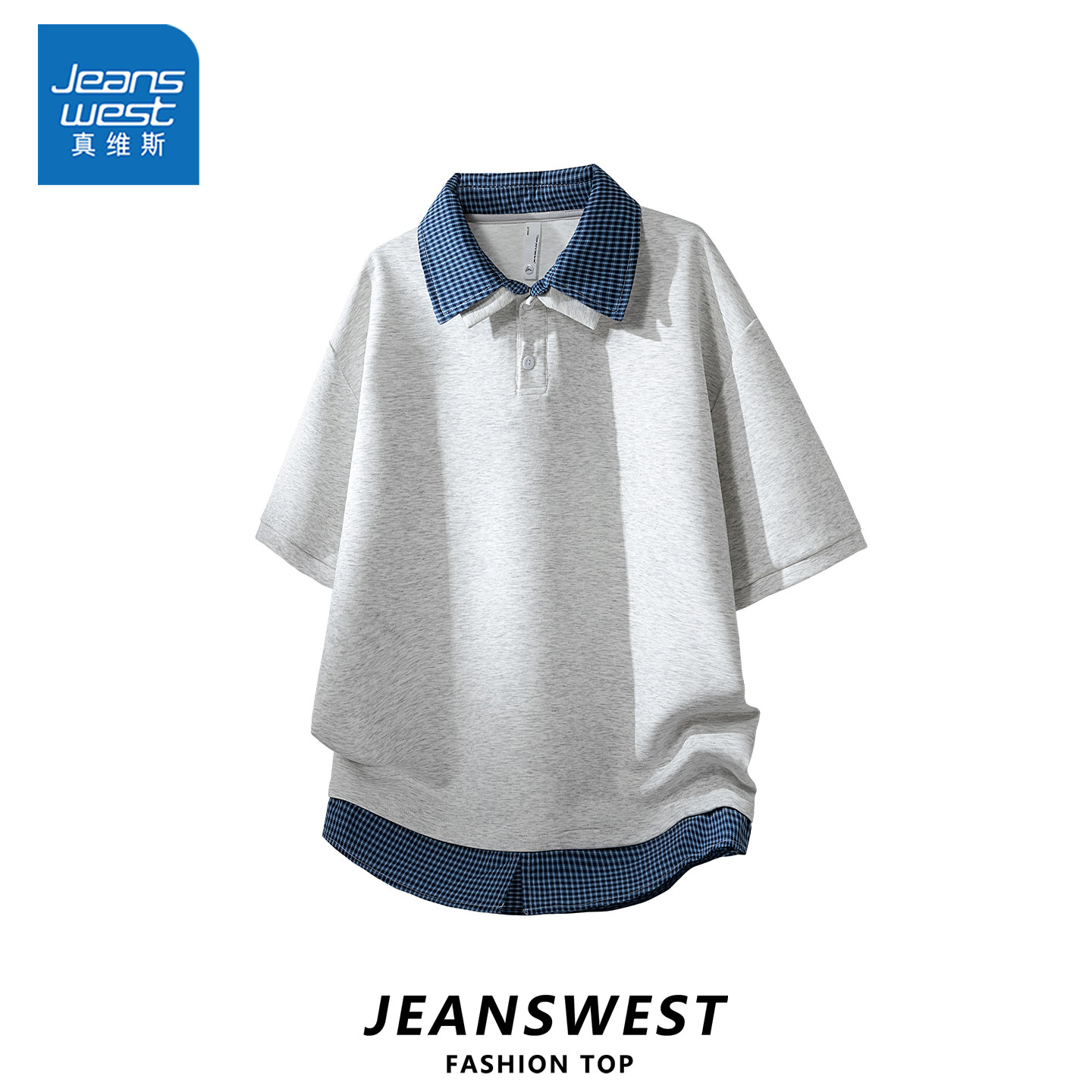【章若楠代言】假两件格子拼接POLO衫短袖男女夏季时尚百搭t恤衫