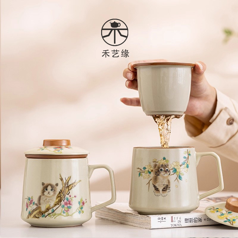 Керамическая печь cat Ru Kiln Открытая чайная чашка с крышкой, кружка, личная офисная чашка для воды, женская чашка для питья чая Изображение 1