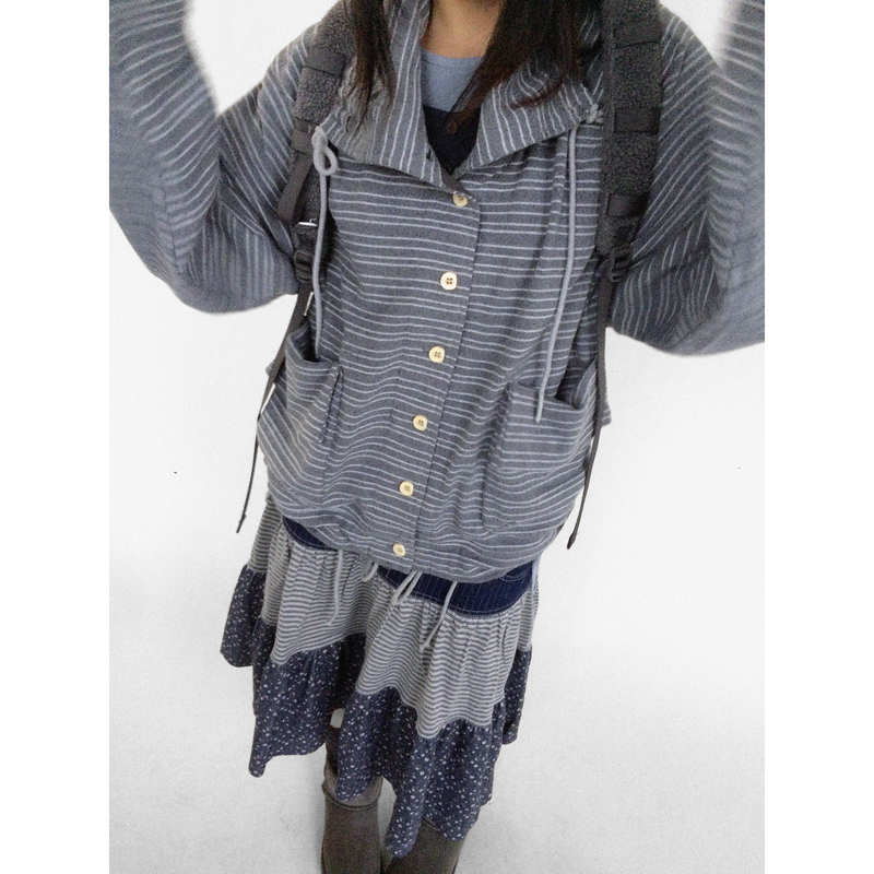 Innomoood "Pepper Biscuit" Striped Knit Jacket with Stand Collar, Loose Cardigan Top with Pockets and Drawstring, Casual Innomoood "Pepper Biscuit" Striped Knit Jacket with Stand Collar, Loose Cardigan Top with Pockets and Drawstring, Casual