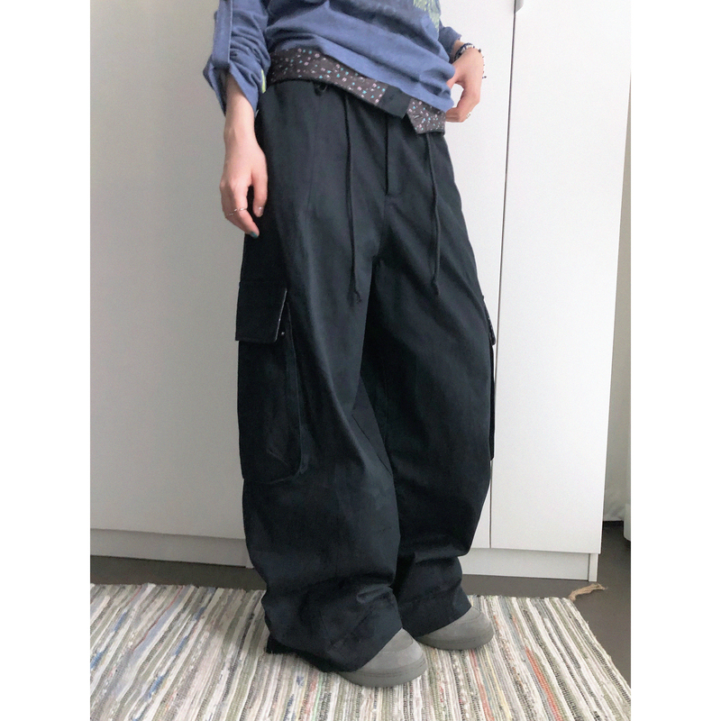 Innomoood Retro Workwear Loose Wide-Leg Pants with Elastic Waist, Cuffed Floral Patchwork, Large Pockets, Casual Long Pants