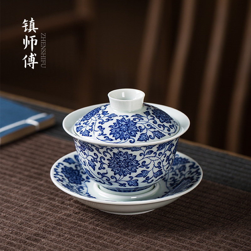 Pure handmade hand painted Jingdezhen Tangle Branches Lotus 3 only cover Bowl Tea Cup Single Venerable Tea Bowl Kongfu Tea With Tea Maker-Taobao