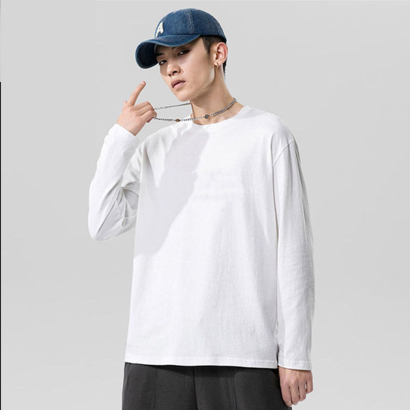 2021 Trendy Brand Pure Cotton Pure White Round Neck Loose Long-Sleeved T-Shirt for Men, Spring and Autumn Base Layer Shirt, Hong Kong Style Men's Inner T-Shirt
