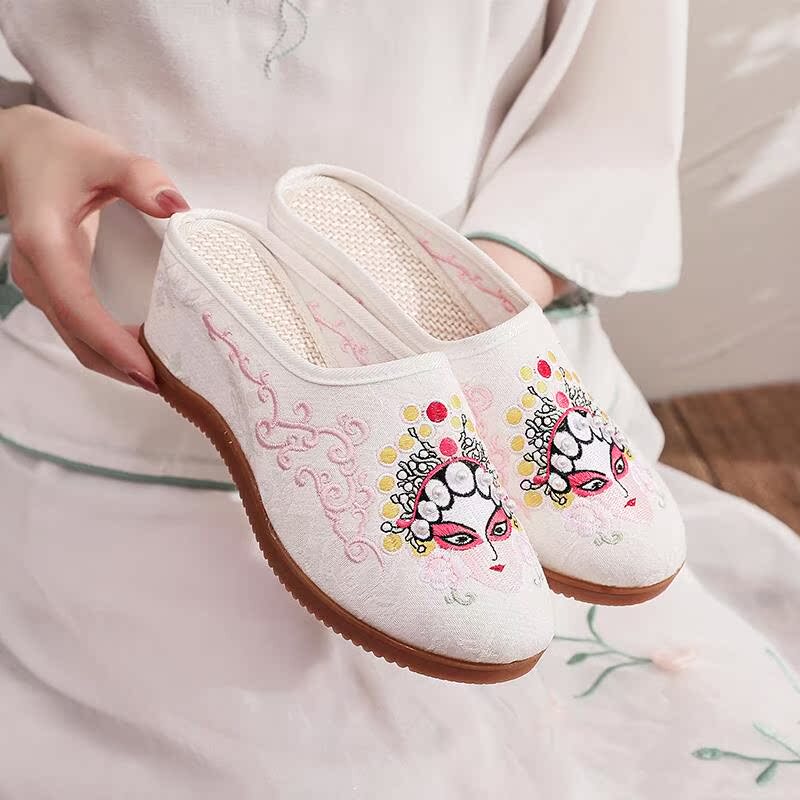 Ancient Style Old Beijing Cloth Shoes Summer Embroidered Slippers Jacquard Cotton Embroidered Shoes with Increased Height Retro Shoes Facial Makeup High Heels