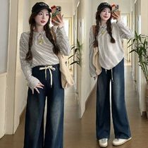 Vintage Dark Blue Denim Jeans Maternity Spring Summer Wide L