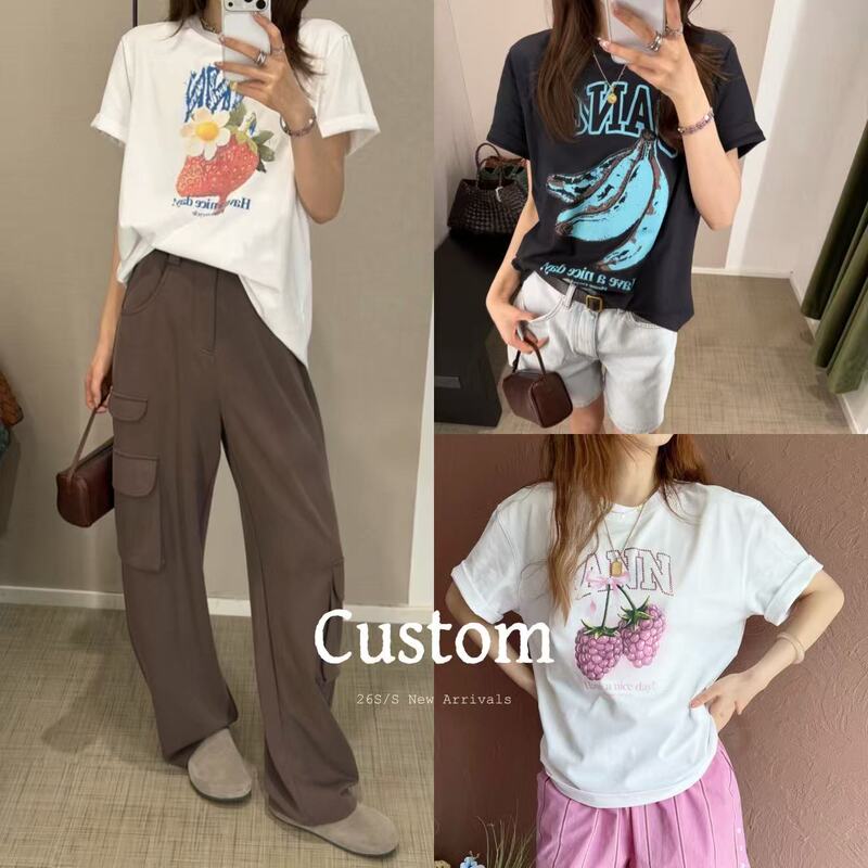 Custom｜ 90% off Pieces ▪ Star-Inspired 26Ss Fruit Print Round Neck Short-Sleeve T-Shirt for Women with Floral Pattern Top