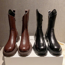 Leather single boots Brown thick-soled Martin boots women winter plus velvet retro round head short boots niche oblique boots Western boots