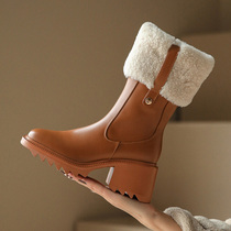 Leather thick heeled Martin boots women winter plus velvet thickened Brown short boots warm wool snow boots northeast cotton boots