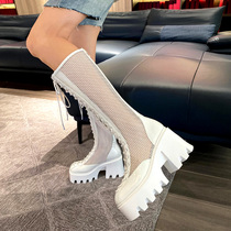 Ultra high heel long boot female summer white long drum boot heightening genuine leather mesh yarn cool boots hollowed-out thick bottom high cylinder mesh boots