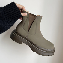 Leather single boots retro round head short boots women plus velvet army green thick-soled Martin boots ins tide cool v mouth Chelsea boots