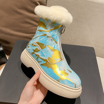 Leather graffiti thick-soled Martin boots female winter plus velvet padded short boots sheepskin wool one snow boots northeast cotton shoes
