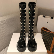 Patent leather boots plus Velvet High-barrel Martin boots female thick-soled boots strap rider boots stretch skinny boots Star shoes