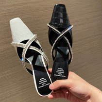 Genuine leather water drill square head cool drag woman outside wearing fashion Baotou sandal sandals Fairy Wind Strap Mueller Shoes Half Tug Heels