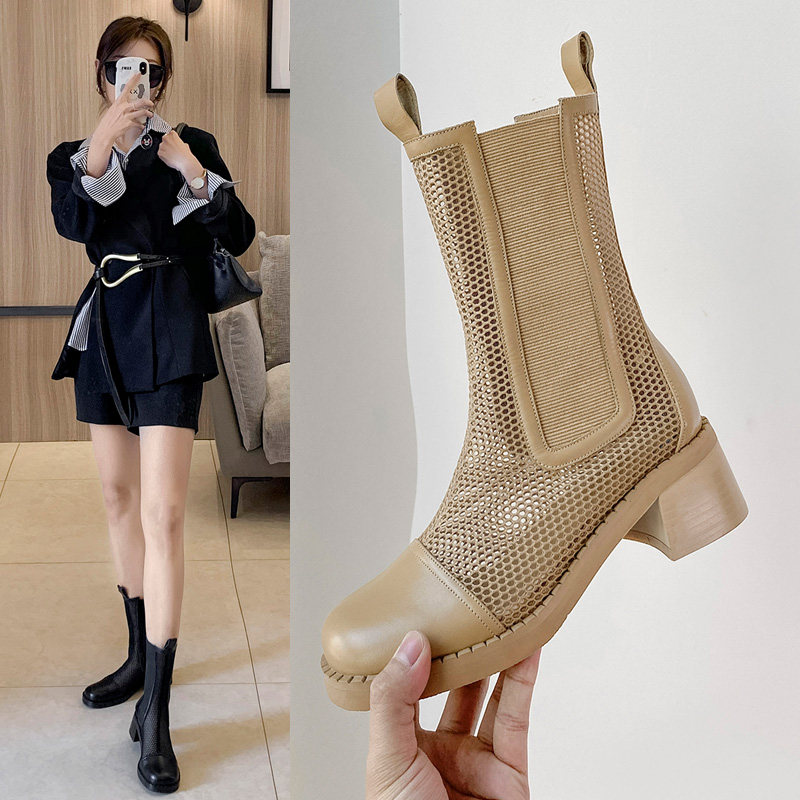 Retro genuine leather mesh yarn cool boots Hollowed-out Martin Boots Summer Thin women Chelsea Short boots coarse heel spring net boots 
