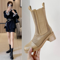 Retro genuine leather mesh yarn cool boots Hollowed-out Martin Boots Summer Thin women Chelsea Short boots coarse heel spring net boots