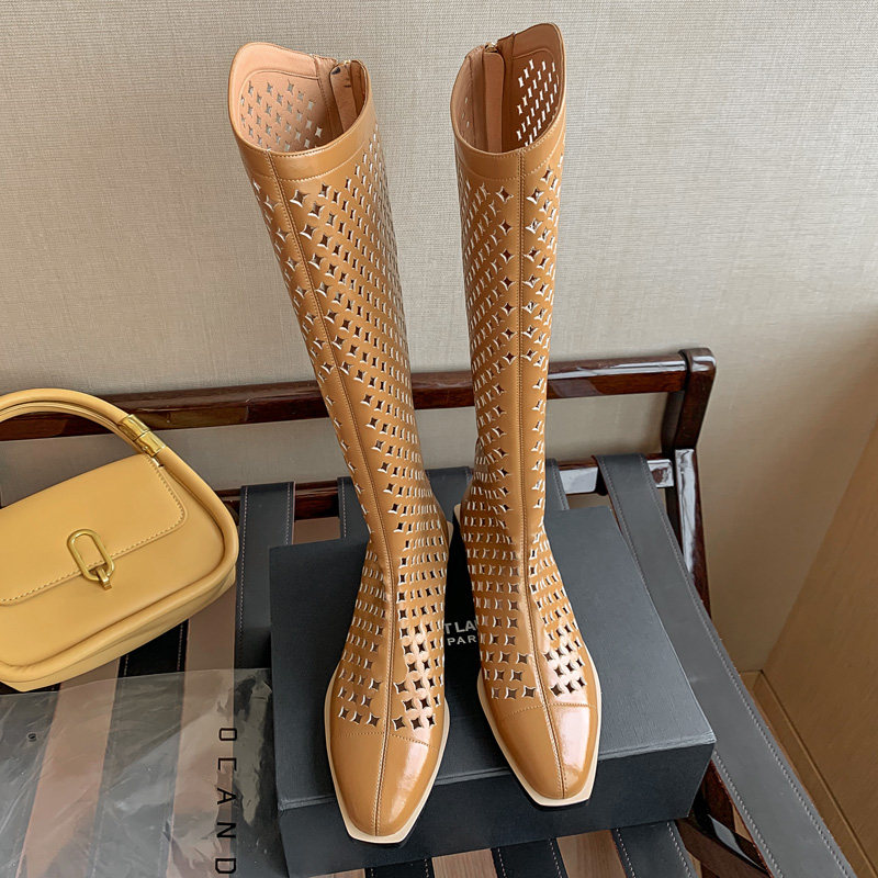 Retro grid hollowed-out boots Roman high cylinder cool boots female summer thin length boots with slim legs flat bottom long drum mesh boots