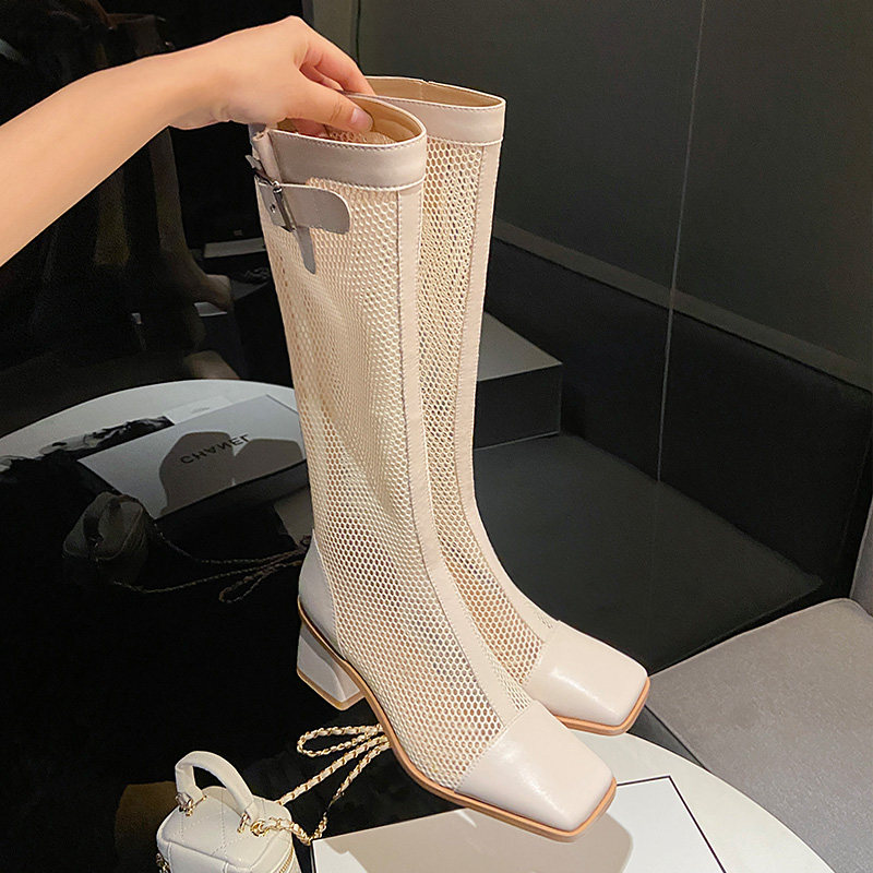 Genuine leather long drum mesh yarn cool boots Spring paragraph high cylinder mesh boots Summer conspicuty thick heel Long boot female summer hollowed-out sandals