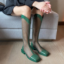 Lacquered leather high cylinder mesh yarn cool boots female summer square head white long cylinder boots thin net red hollowed-out long boots spring money net boots