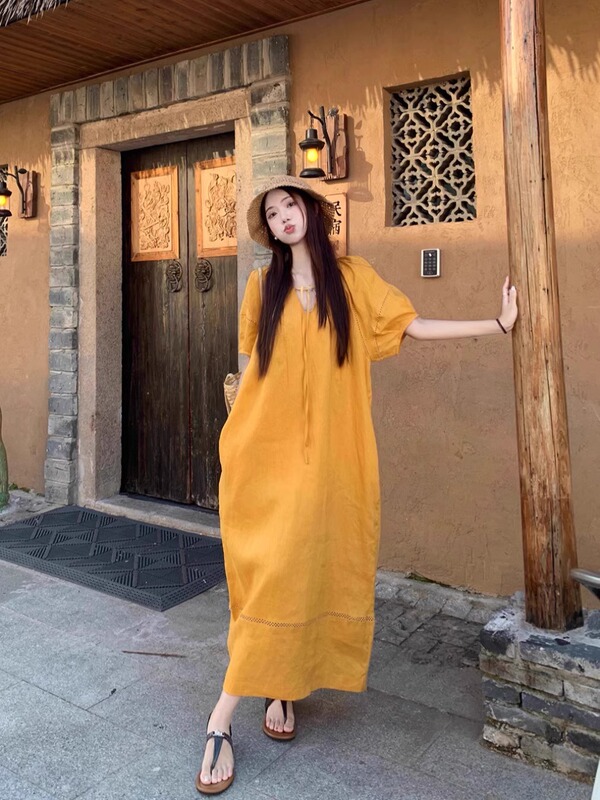 Yellow Lantern Sleeve Dress for Women, Summer V-Neck Short-Sleeved Dress, Seaside Resort Style, Loose and Slimming Linen Long Dress