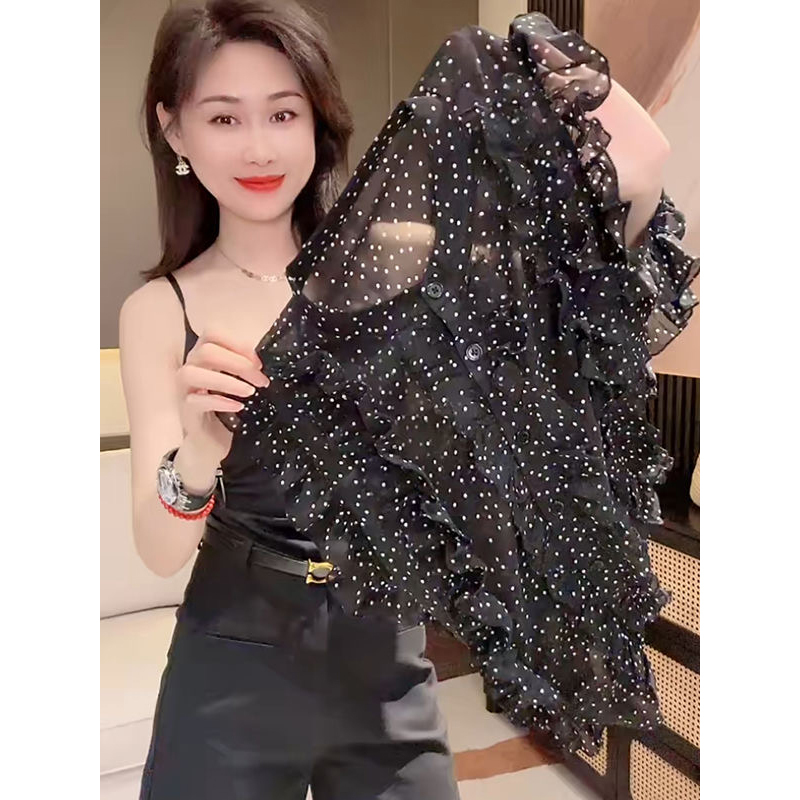2026 Summer New Polka Dot Print Chiffon Blouse with Ruffled Design and Flutter Sleeves for a Youthful Look Women's Shirt