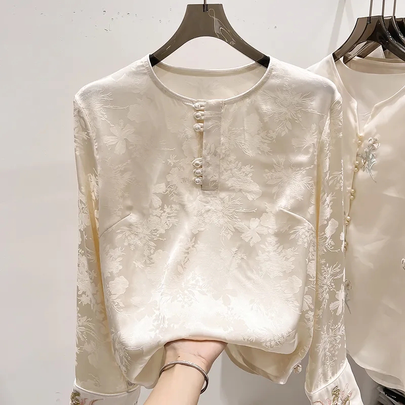 New Chinese-Style National Style Button-Down Satin Shirt for Women 2026 Spring and Autumn New Jacquard Embroidered Shirt Loose Slimming Top