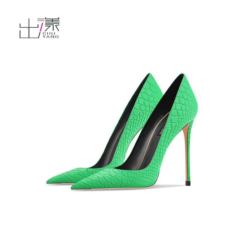 2025 Spring New Snake Pattern Green High Heels Pointed Toe Shallow Mouth Stiletto Heels Easiest for Match Sexy Temperament Plaid Niche Women's Shoes