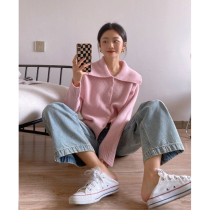 Korean style pink sweet loose long-sleeved lapel knitted sweater womens cardigan early spring girly versatile outer top
