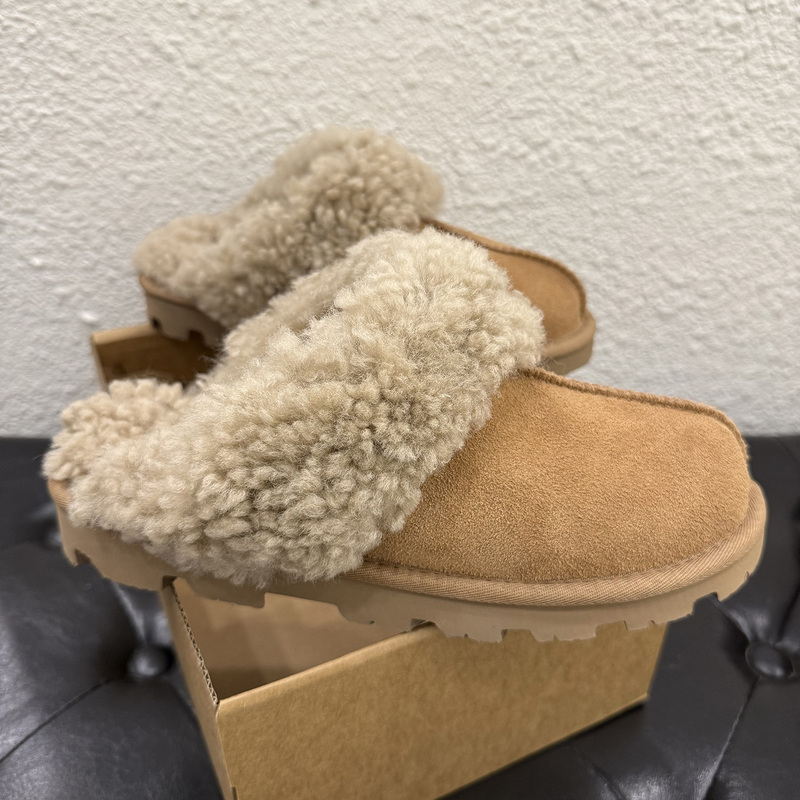 Henan Sangpo Village Sheepskin Fur Integrated Teddy Curly Fur Half-Star Slippers Genuine Leather Fleece-Lined Closed-Toe Women's Winter Thick-Soled Slippers