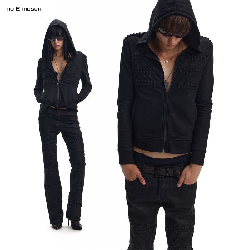 No E Mosen (Noe) Waxed Embossed Three-Dimensional Rivet Hooded Skinny Distressed Sweatshirt Jacket No E Mosen (Noe) Waxed Embossed Three-Dimensional Rivet Hooded Skinny Distressed Sweatshirt Jacket