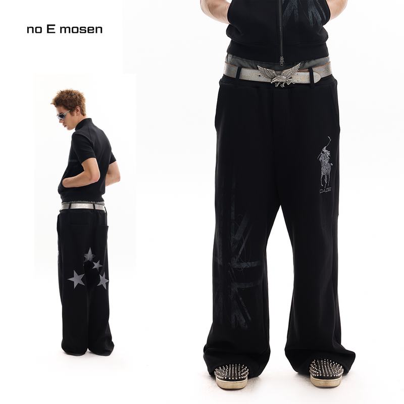 No E Mosen (Noe) Union Jack Flag Print Grim Reaper Horse Embroidery Baggy Wide-Leg Street Casual Sweatpants No E Mosen (Noe) Union Jack Flag Print Grim Reaper Horse Embroidery Baggy Wide-Leg Street Casual Sweatpants