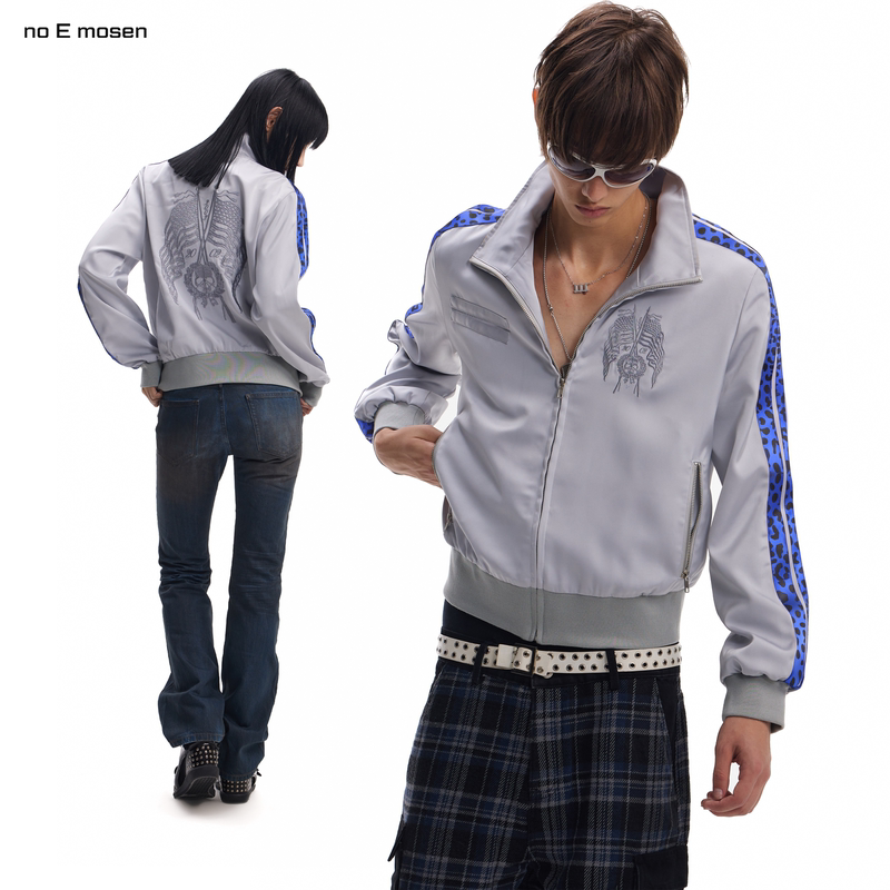 No E Mosen（Noe）'Skull Flag' Textured Color-Blocked Blue Webbing Leopard Print Stand Collar Street Jacket