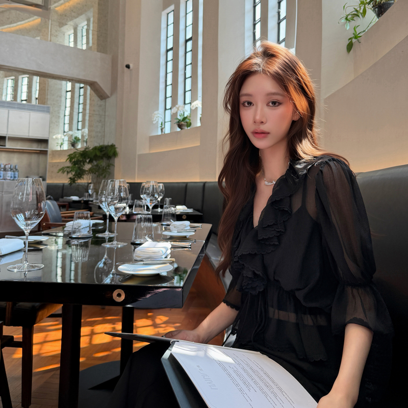 Dailydash'Precious Daughter' French Chiffon Lace V-Neck Ruffled Top Semi-Sheer Two-Piece Set for Women