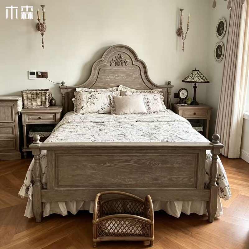 French-Style Vintage Solid Wood Bed, American-Style Master Bedroom Oak Carved Bed, 1.8m Double Beds, Wedding Bed, Homestay Princess Bed