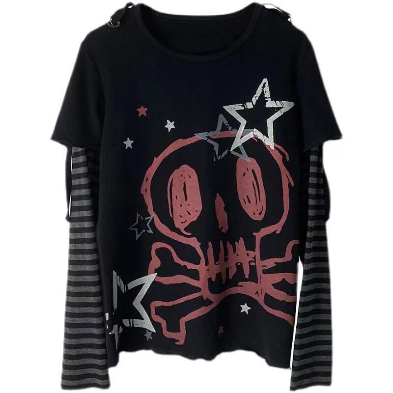 Autumn and Winter Yabi Punk Millennium Print Long-Sleeved Fake Two-Piece T-Shirt Harajuku Rock Loose Casual Sexy Top for Women Autumn and Winter Yabi Punk Millennium Print Long-Sleeved Fake Two-Piece T-Shirt Harajuku Rock Loose Casual Sexy Top for Women