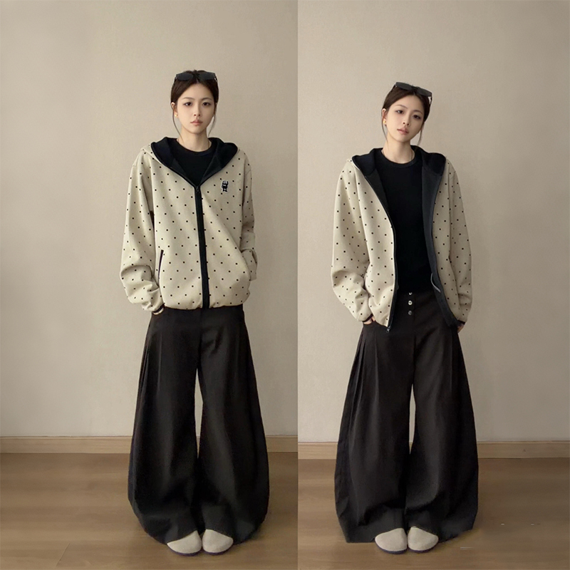 Early Autumn Outfit Polka Dot Hooded Cardigan Unisex Loose Zipper Casual Sweatshirt Jacket Women's 2026 New Style