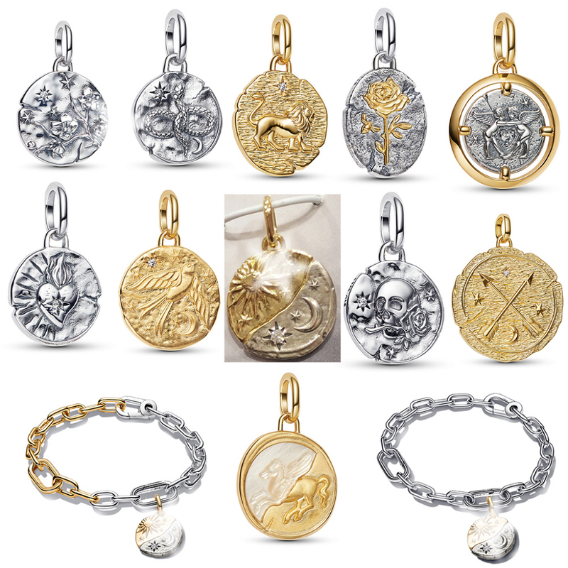 Panjia S925 Silver Beads Me Ancient Coin Sun and Moon Cupid Lion Pegasus Snake Swallow Medal Pendant Bracelet for Women