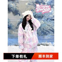 LMDSNOW officially authorized (pink plaid rabbit) ski suit waterproof warm cotton single and double board